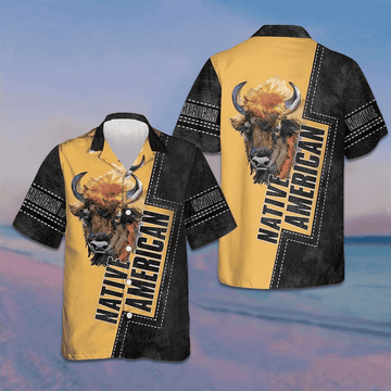 Native American Forest Bison Hawaiian Shirt Black And Yellow Button Up Shirt Men's -WearandDecor