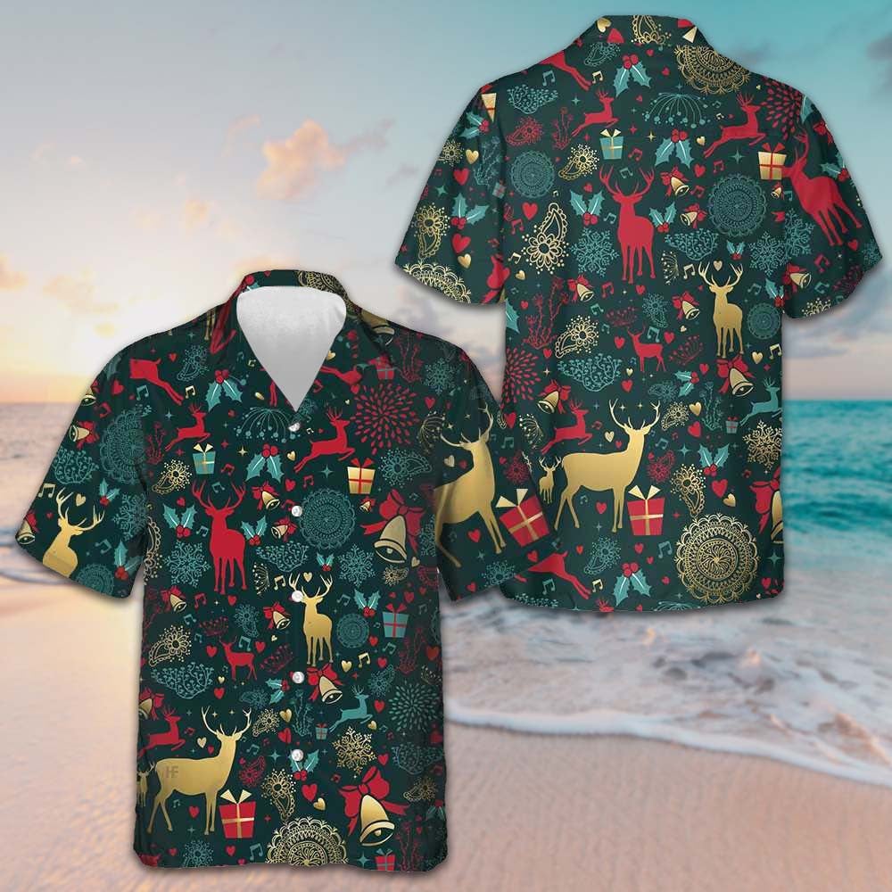 Christmas Golden Reindeer Pattern Hawaiian Shirt Adult Christmas Shirt Gifts For Your Boyfriend -WearandDecor