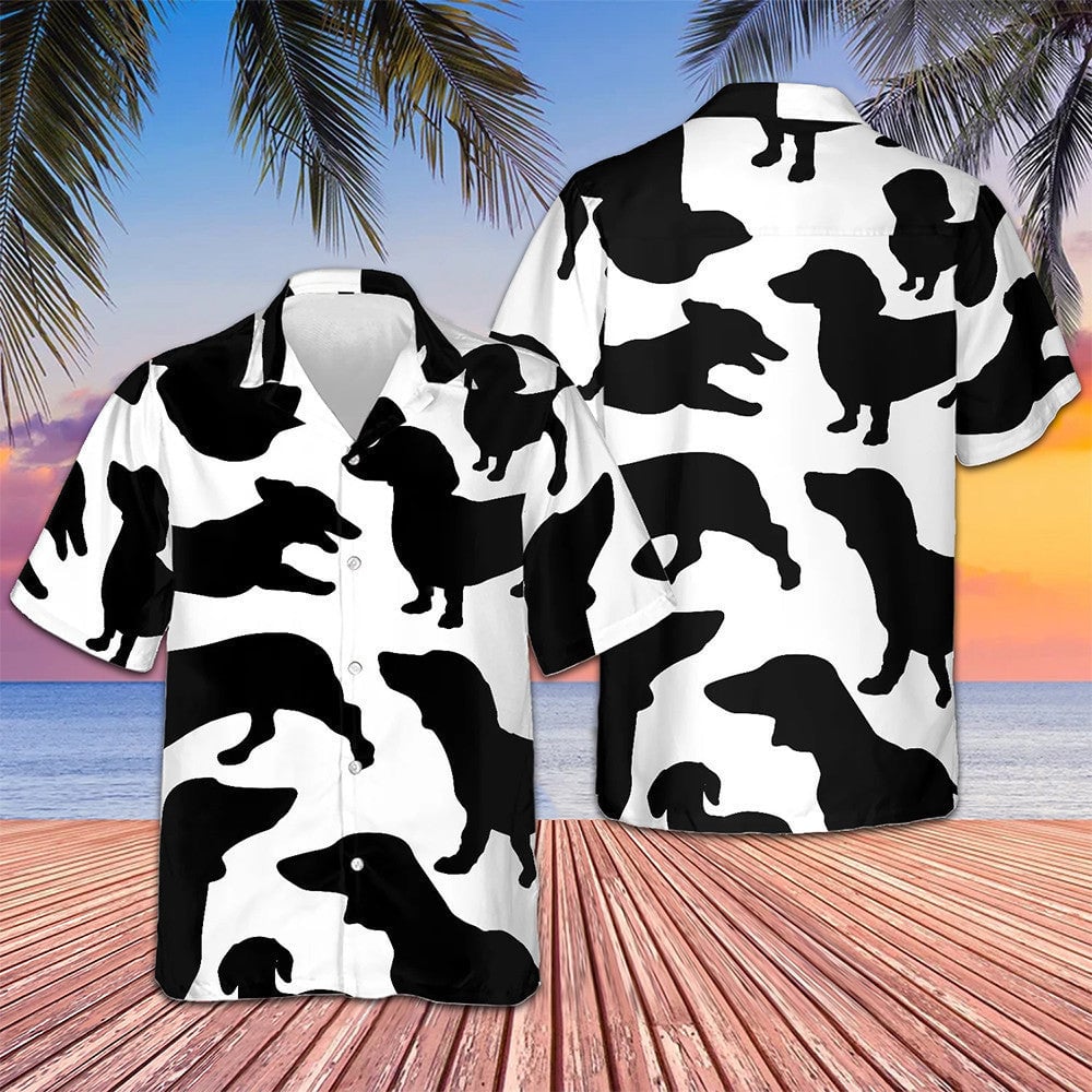 Black And White Dachshunds Pattern Hawaiian Shirt Vacation Button Up Shirt Dog Lovers Gifts -WearandDecor