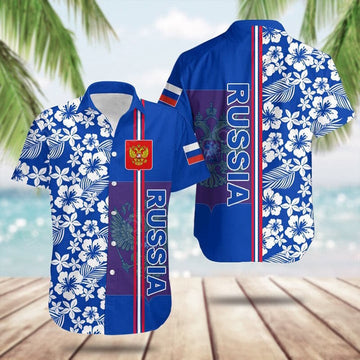 Russia Coat Of Arms Hibiscus Pattern Hawaiian Shirt Summer Button Up Gifts For Russian -WearandDecor