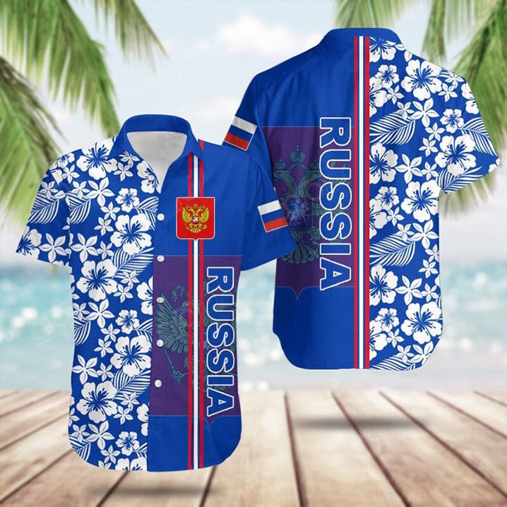 Russia Coat Of Arms Hibiscus Pattern Hawaiian Shirt Summer Button Up Gifts For Russian -WearandDecor