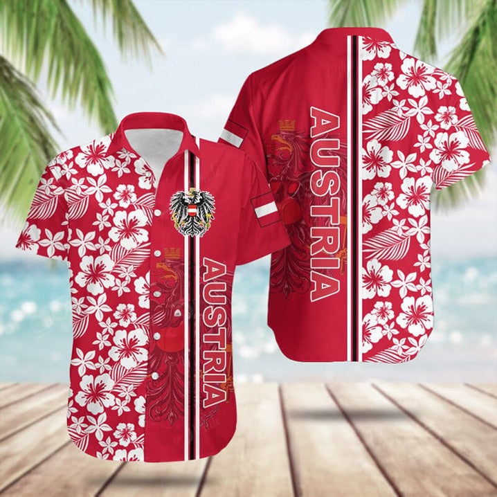 Austria Coat Of Arms Hibiscus Pattern Hawaiian Shirt Cool Summer Shirts Austrian Gift Ideas -WearandDecor