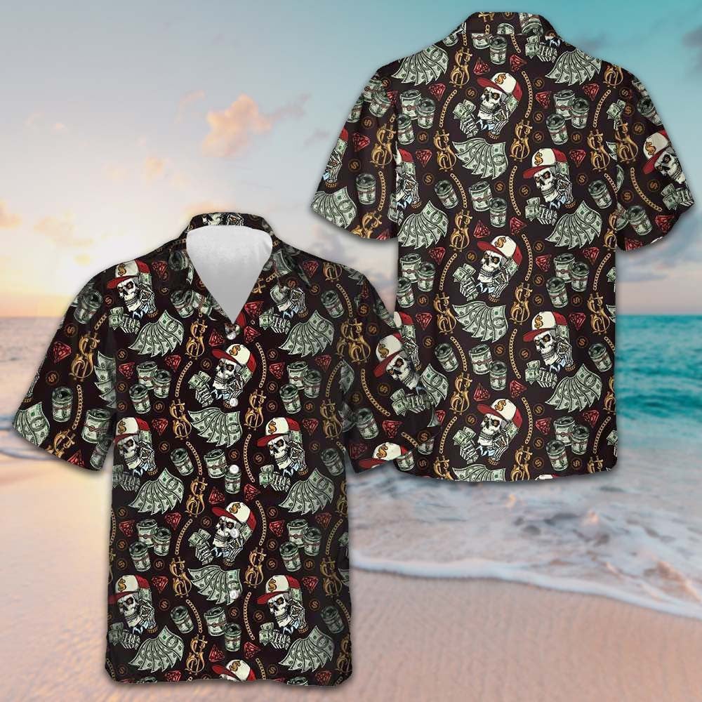 Skull And Dollars Seamless Pattern Hawaiian Shirt Beach Shirt Button Down Gifts For Him -WearandDecor