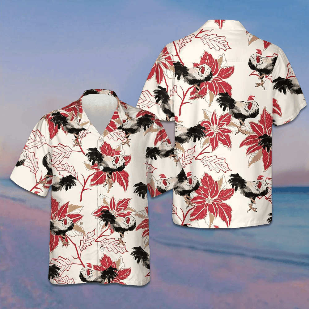 Christmas Rooster And Poinsettia Hawaiian Shirt Funny Chicken Shirt Gifts For Xmas -WearandDecor
