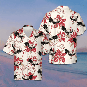 Christmas Rooster And Poinsettia Hawaiian Shirt Funny Chicken Shirt Gifts For Xmas -WearandDecor