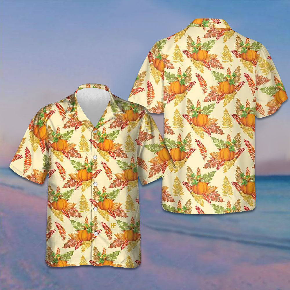 Colorful Leaves And Pumpkin Thanksgiving Hawaiian Shirt Button Up Shirts For Men -WearandDecor