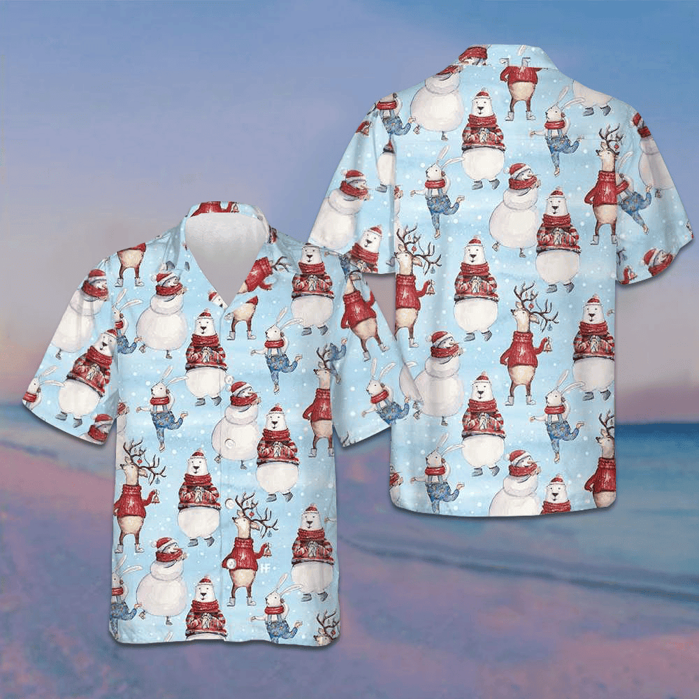 Christmas Pattern With Bunny And Snowman Hawaiian Shirt Merry Xmas Button Up Shirts For Men -WearandDecor