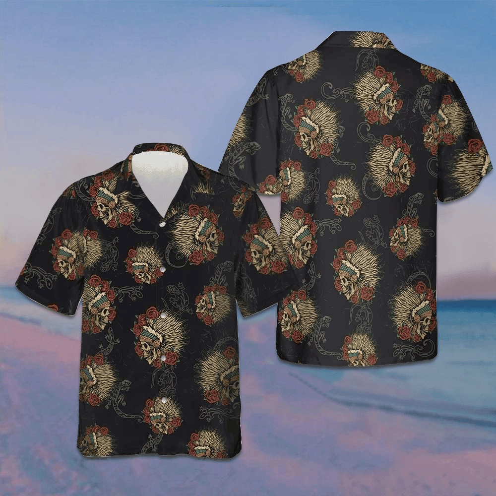 Native American Skull With Lizard Hawaiian Shirt Wild West American Indian Shirt Men -WearandDecor