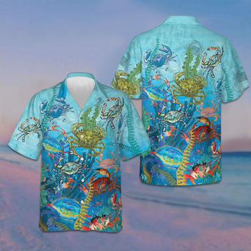 Underwater World Crab Hawaiian Shirt Crab Lovers Button Up Beach Shirts Men -WearandDecor
