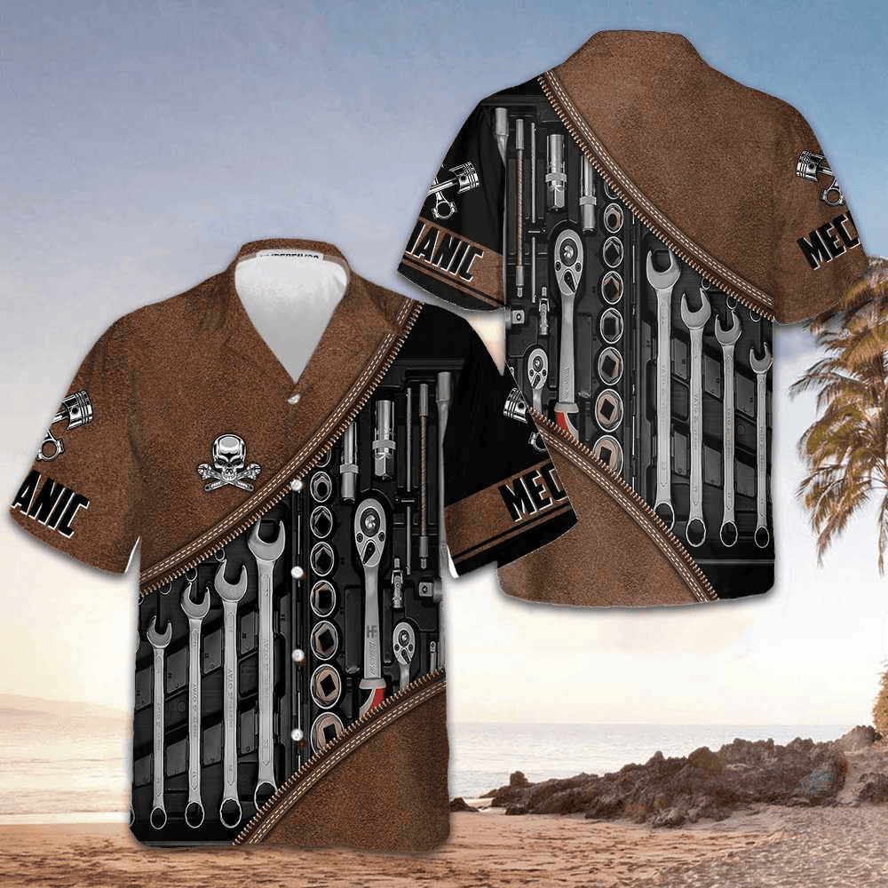Mechanic Tools Skull Hawaiian Shirt Vintage Button Up Shirt For Men Mechanic Gift Ideas -WearandDecor