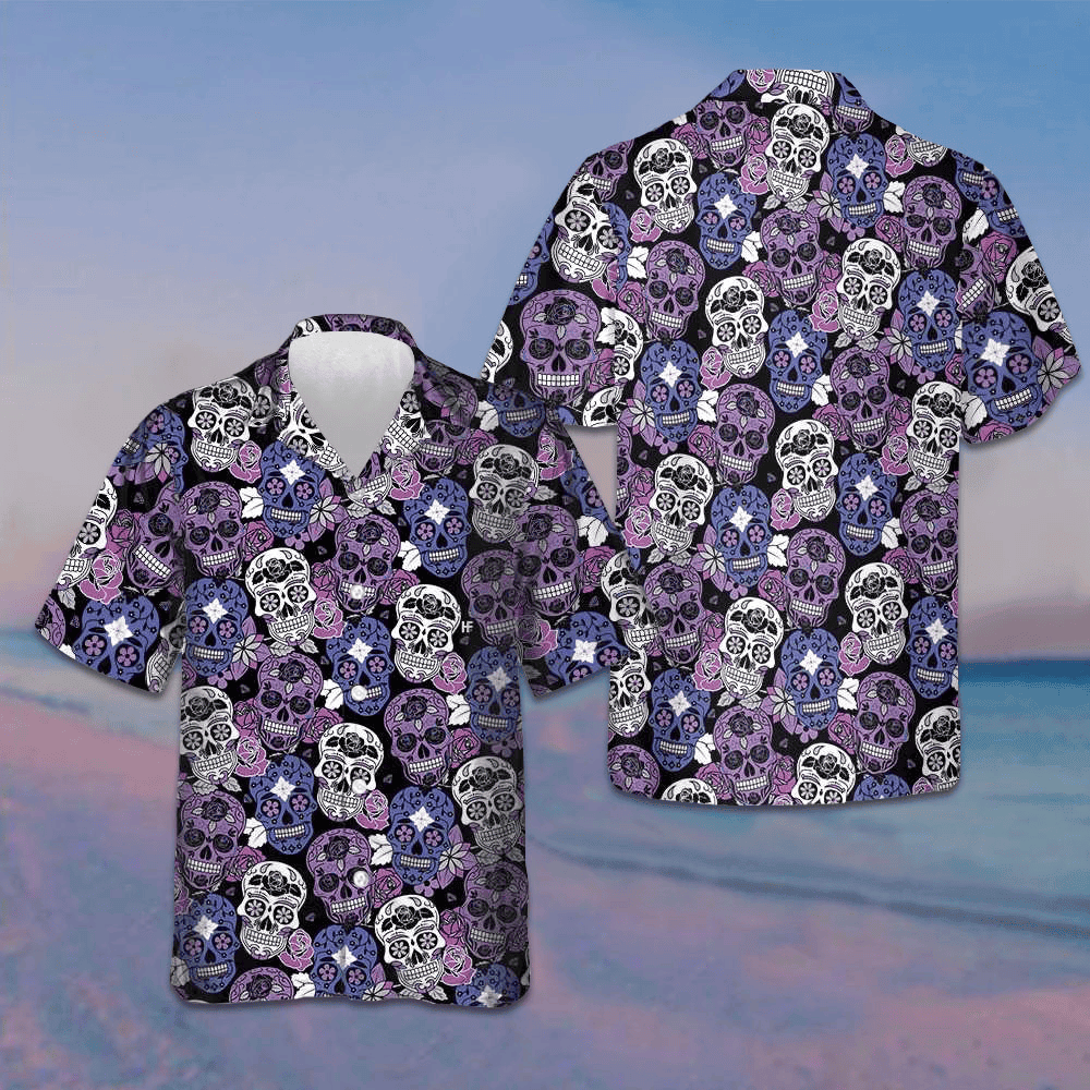 Sugar Skull Purple Hawaiian Shirt Mexican Skull Shirt Day Of The Dead Ideas -WearandDecor