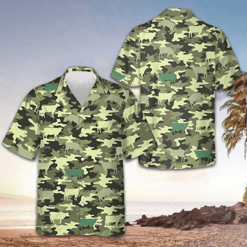 Camouflage Cow Hawaiian Shirt Men's Button Up Shirt Gifts For Cow Lovers -WearandDecor