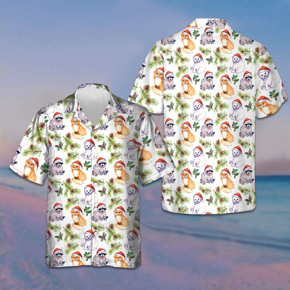Cute Animals In Christmas Hat Hawaiian Shirt Merry Xmas Button Up Shirt Men Best Gifts -WearandDecor