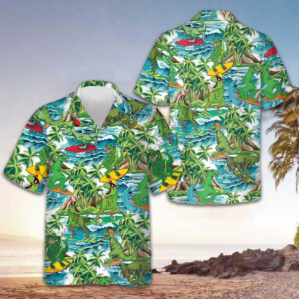 Surfing Dinosaur Hawaiian Shirt Short Sleeve Button Up Beach Shirts Gifts For Dinosaur Lovers -WearandDecor