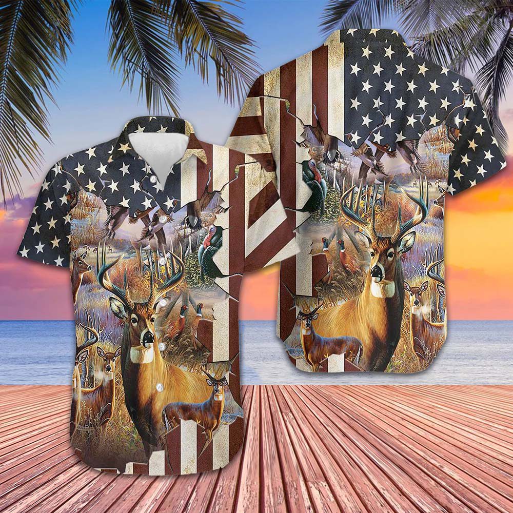 Deer Hunter American Flag Hawaiian Shirt mens button up shirts summer Gift Ideas -WearandDecor