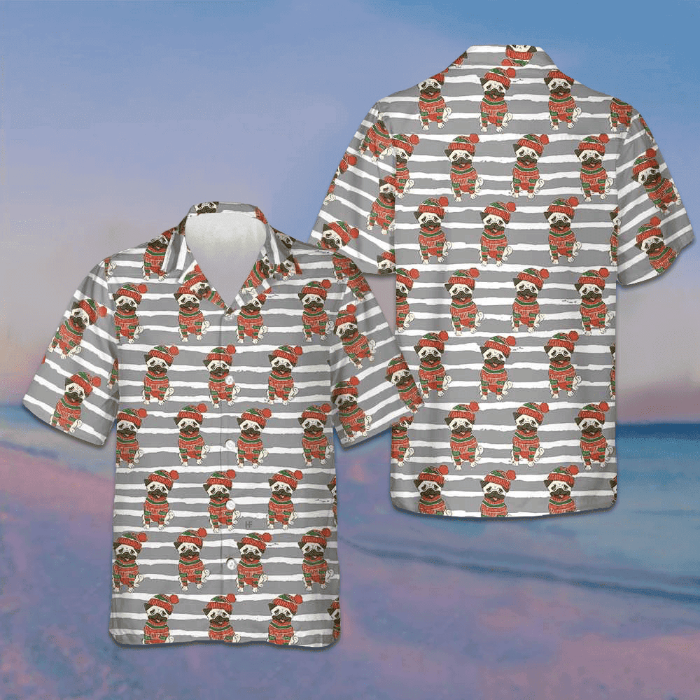 Pug In Sweater And Winter Hat Hawaiian Shirt Pug Lovers Xmas Shirt Gifts For Friends -WearandDecor