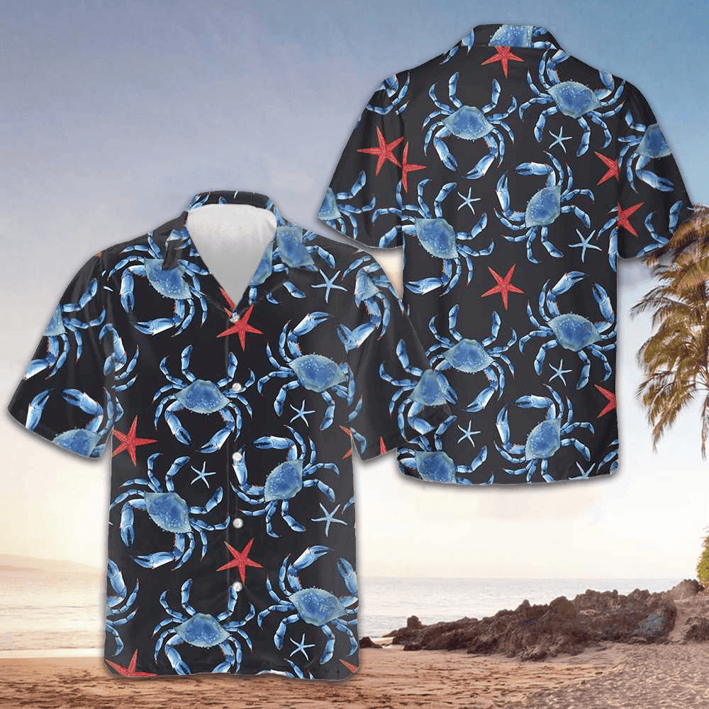 Blue Crab And Starfish Pattern Hawaiian Shirt Crab Lovers Summer Button Up Shirts Mens -WearandDecor
