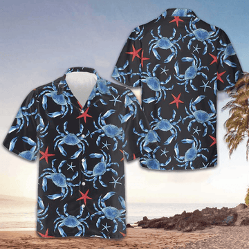 Blue Crab And Starfish Pattern Hawaiian Shirt Crab Lovers Summer Button Up Shirts Mens -WearandDecor