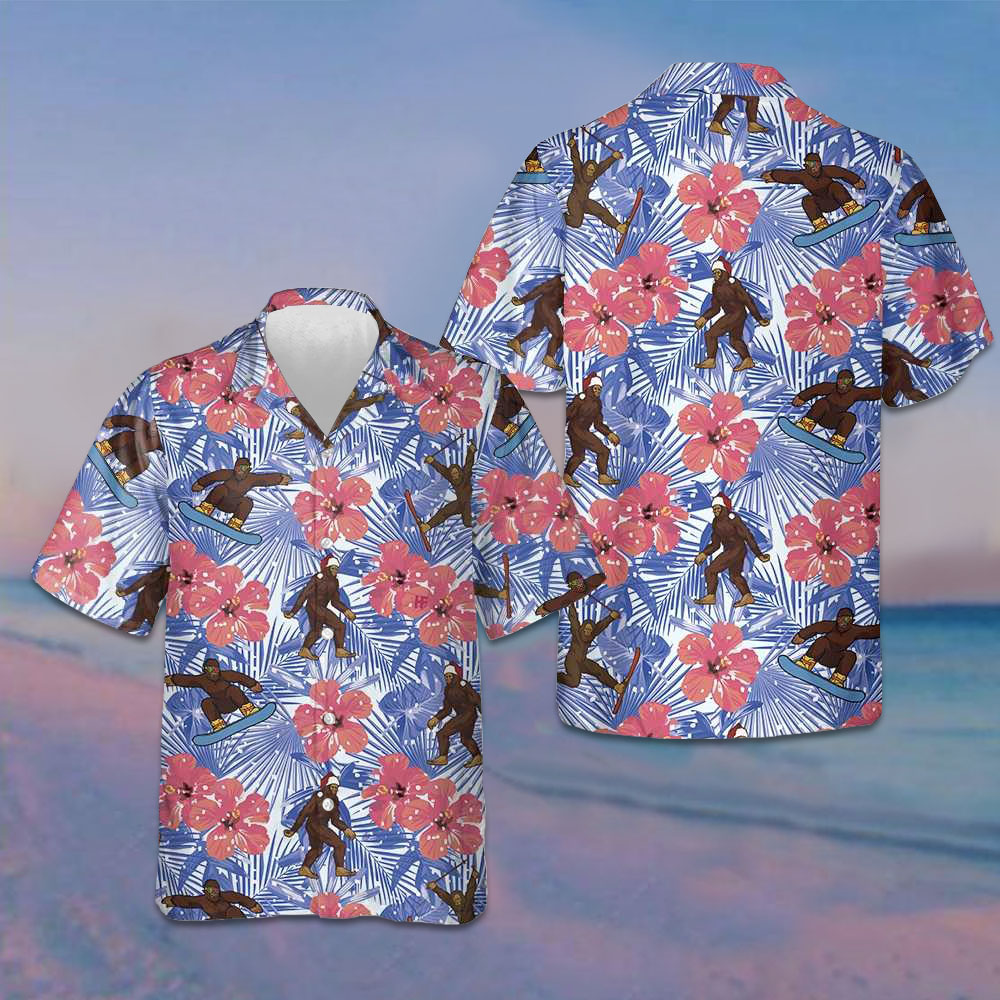 Tropical Christmas Bigfoot Hawaiian Shirt Button Up Summer Shirts For Men Gift Ideas -WearandDecor