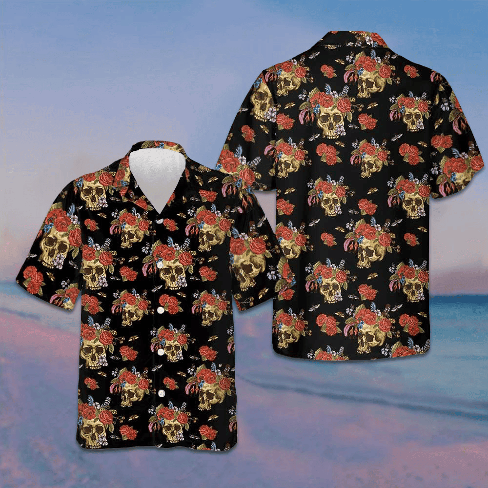 Skulls And Flowers Day Of The Dead Hawaiian Shirt Short Sleeve Button Up Men Gift Ideas -WearandDecor
