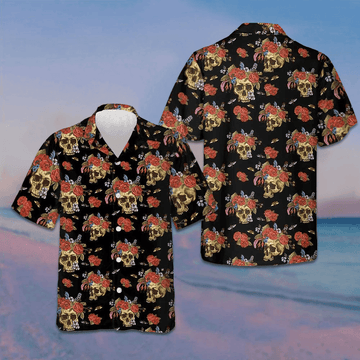 Skulls And Flowers Day Of The Dead Hawaiian Shirt Short Sleeve Button Up Men Gift Ideas -WearandDecor