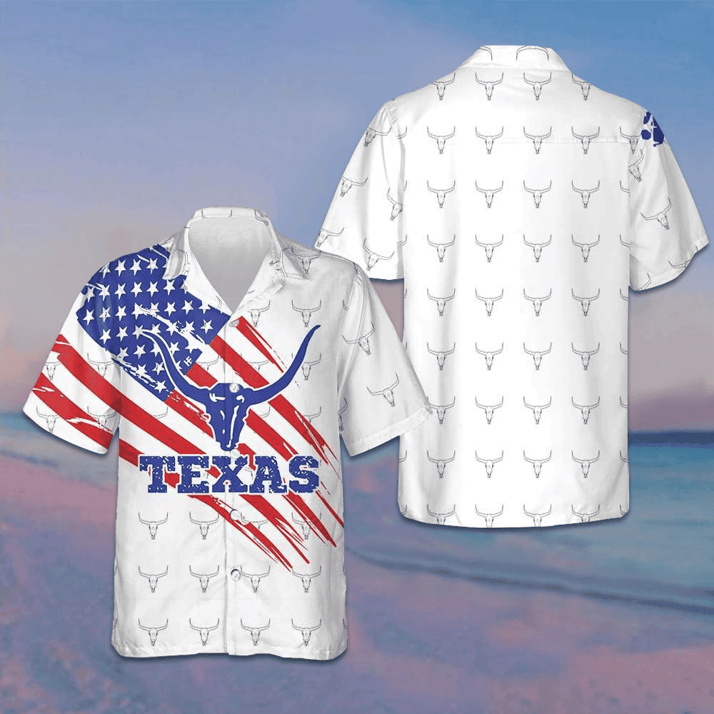 Texas Longhorn Pattern American Flag Hawaiian Shirt Button Down Shirt Gifts For Texas Lovers -WearandDecor