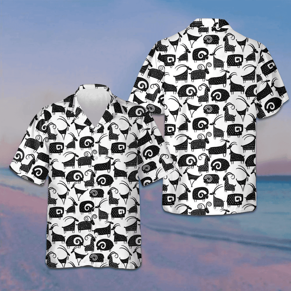 Goat And Ram Seamless Pattern Hawaiian Shirt Black And White Goat Shirt Gifts For Husband -WearandDecor