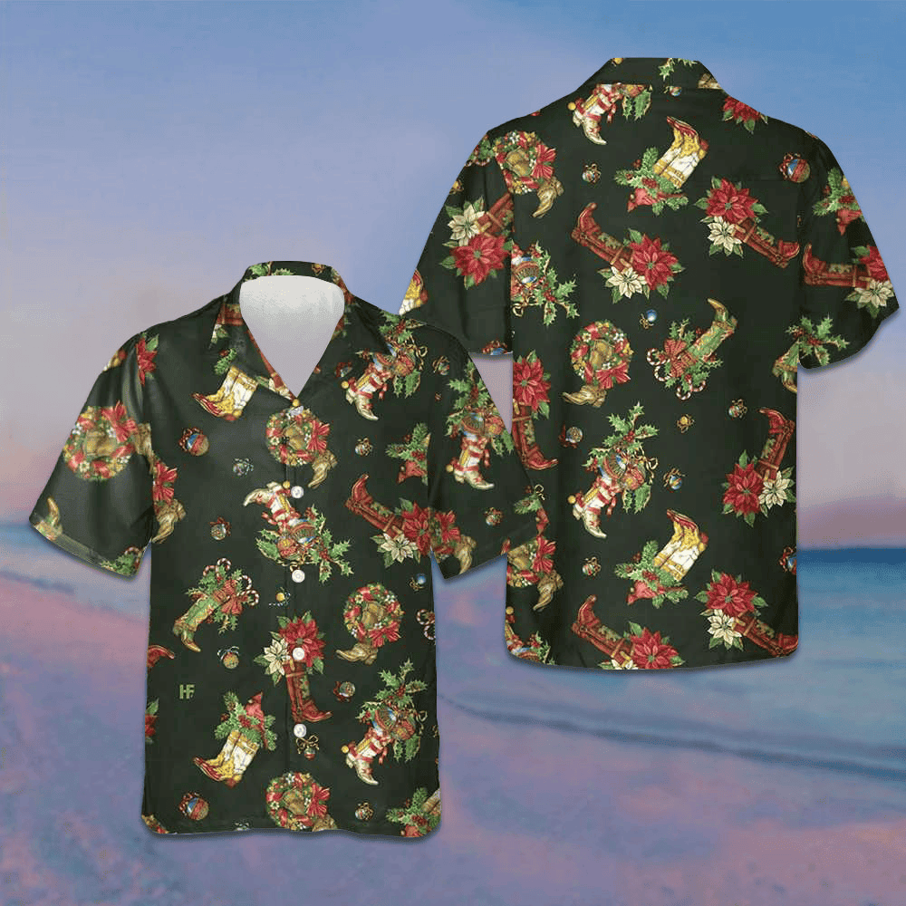 Christmas Cowboy Boots Hawaiian Shirt Short Sleeve Button Up Gifts For Christmas Day -WearandDecor