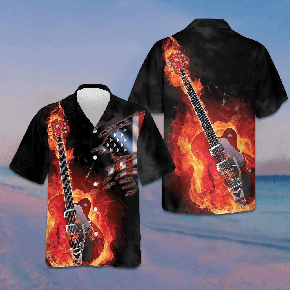 Guitar On Fire Hawaiian Shirt American Flag Button Up Shirts For Men Gifts For Guitar Lovers -WearandDecor