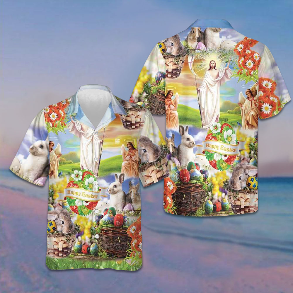 Jesus Happy Easter Hawaiian Shirt Christian Button Up Shirt Easter Gift Idea -WearandDecor