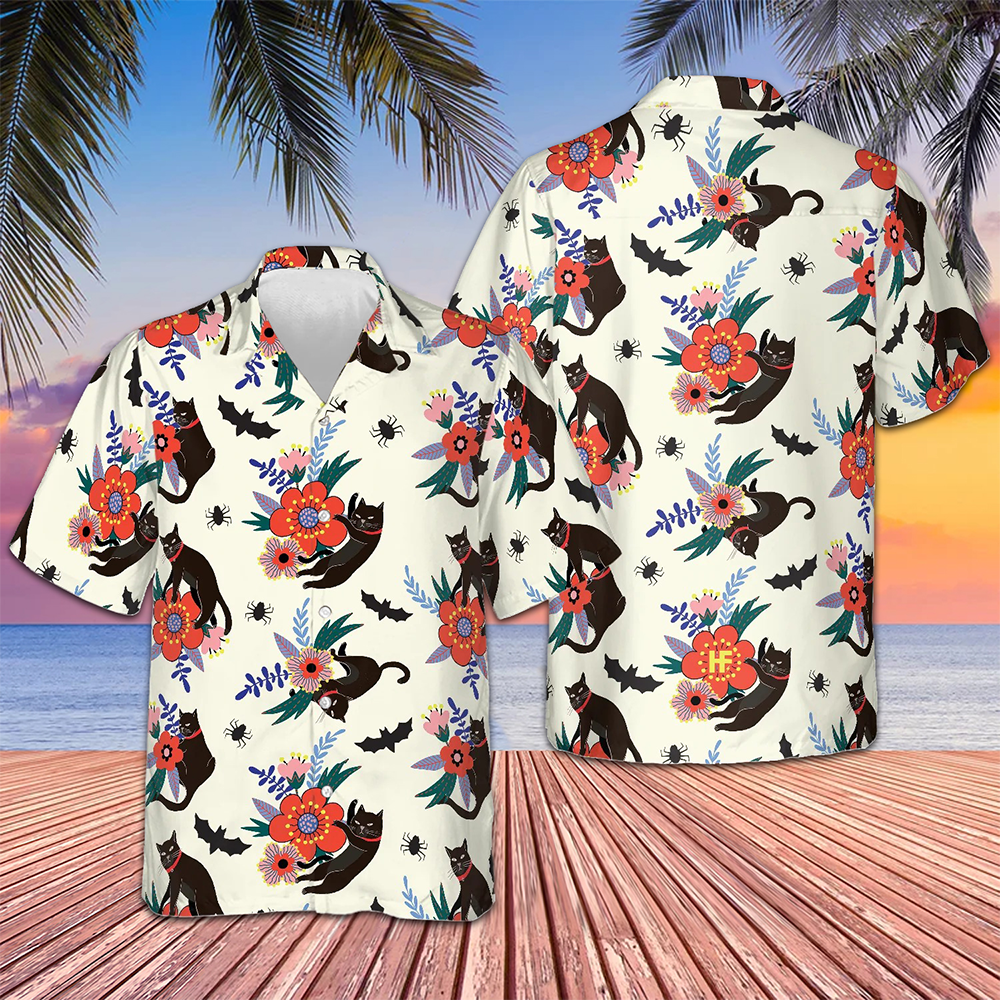 Black Bats And Cats Hawaiian Shirt Beach Button Up Shirts For Men Gifts For Boyfriend -WearandDecor
