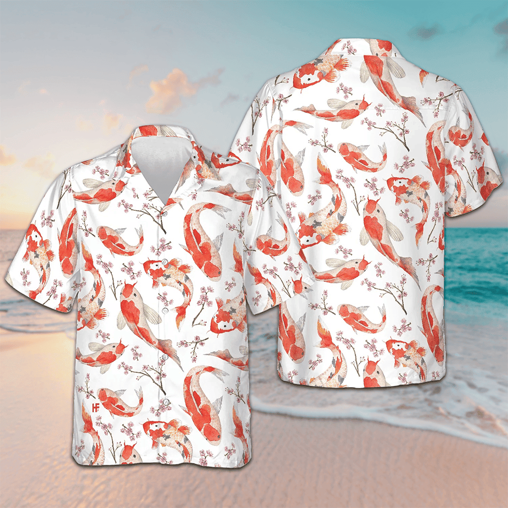 Koi Fish And Cherry Blossom Hawaiian Shirt Mens Beach Button Up Gifts For Koi Lovers -WearandDecor