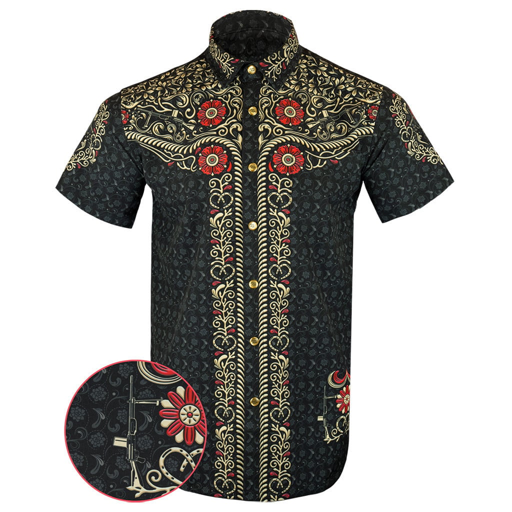 Los Charro Black Button Down Shirt Gun Print Hawaiian Shirt Birthday Gift Ideas For Son -WearandDecor