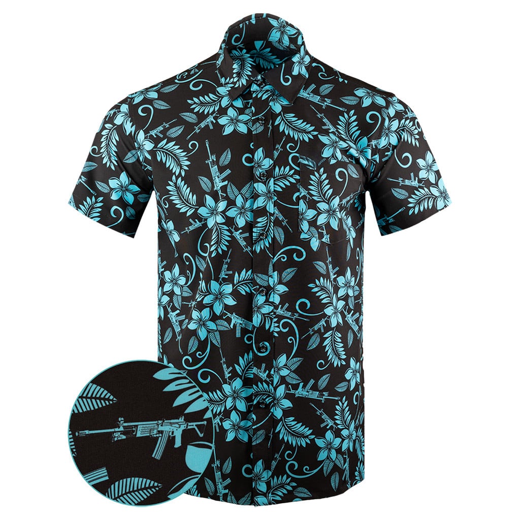 Hulu Black Cyan Button Down Shirt Tactical Tropical Print Shirt Birthday Present For Dad -WearandDecor