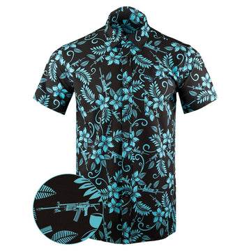 Hulu Black Cyan Button Down Shirt Tactical Tropical Print Shirt Birthday Present For Dad -WearandDecor