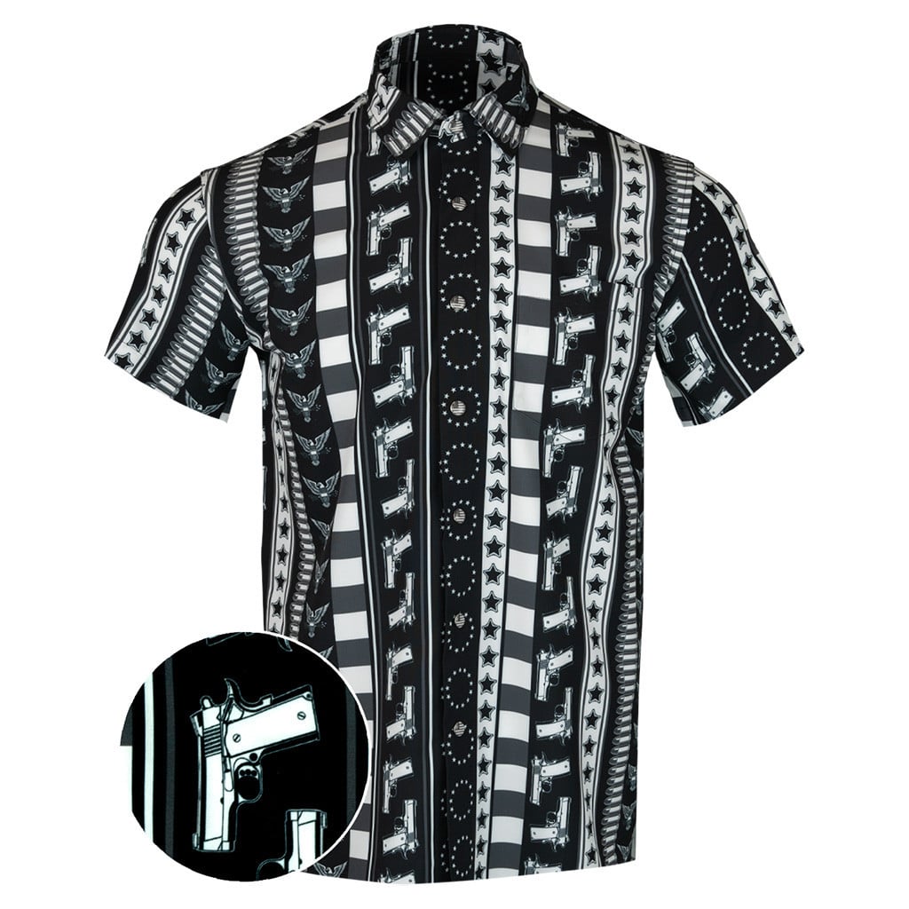 Independence Black White Button Down Shirt Gun Print Hawaiian Shirt Gun Lovers Gifts -WearandDecor