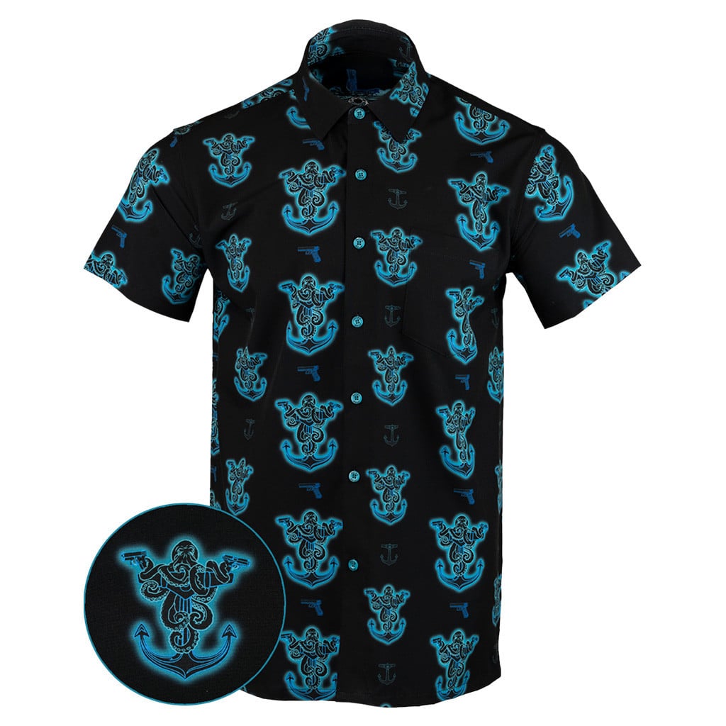 Glocktopus Black Cyan Button Down Shirt Outdoor Hawaiian Tactical Shirt Gift Ideas For Friends -WearandDecor