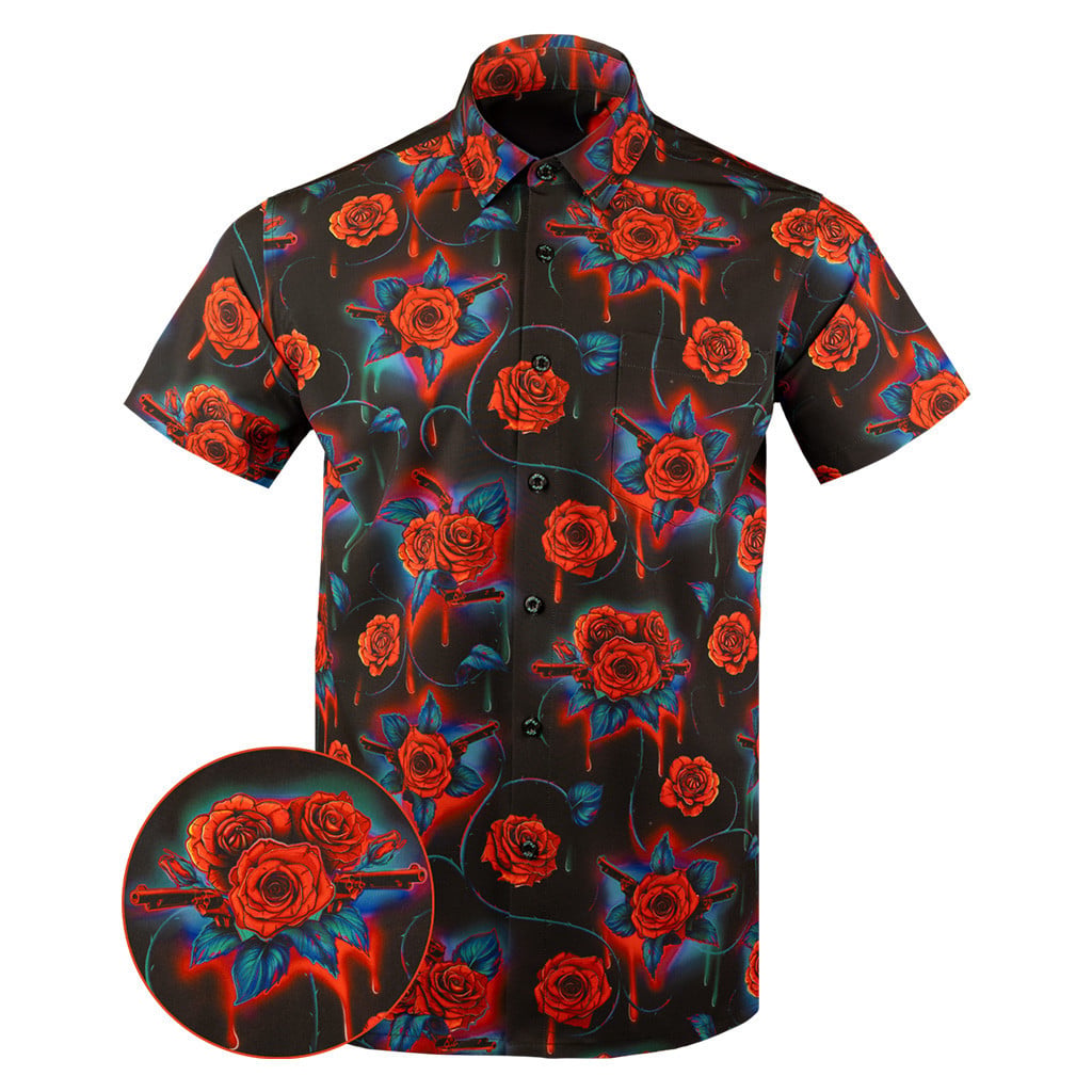 Guns And Roses Button Down Shirt Tactical Aloha Shirt Gifts For Gun Lovers -WearandDecor