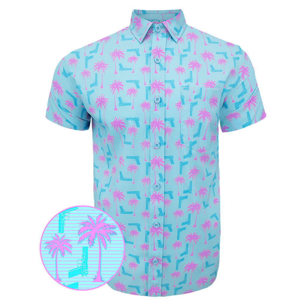 Rising Palm Blue Pink Button Down Shirt Hawaiian Tactical Button Down Gifts For Dudes -WearandDecor