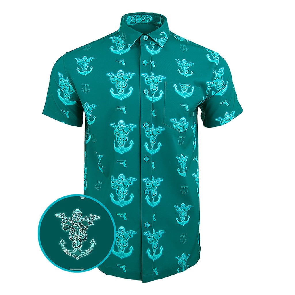 Glocktopus Teal Button Down Shirt Concealed Carry Hawaiian Shirt Presents For Boyfriend -WearandDecor