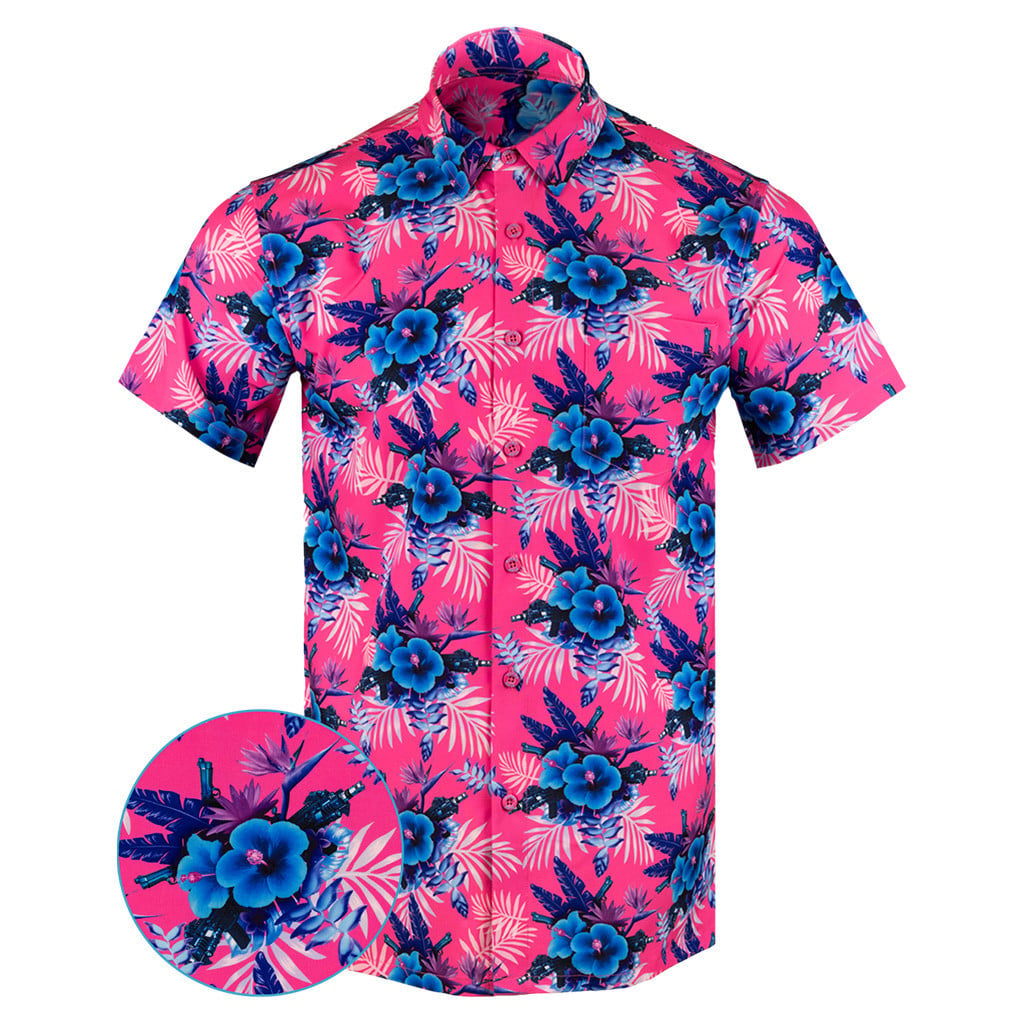 Hibiscus Pink Button Down Shirt Tactical Tropical Print Shirt Gifts For Gun Lovers -WearandDecor