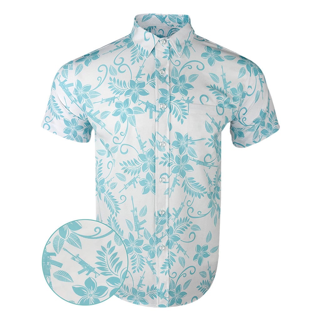 Hula White Mint Button Down Shirt Tactical Tropical Print Shirt Birthday Present For Husband -WearandDecor