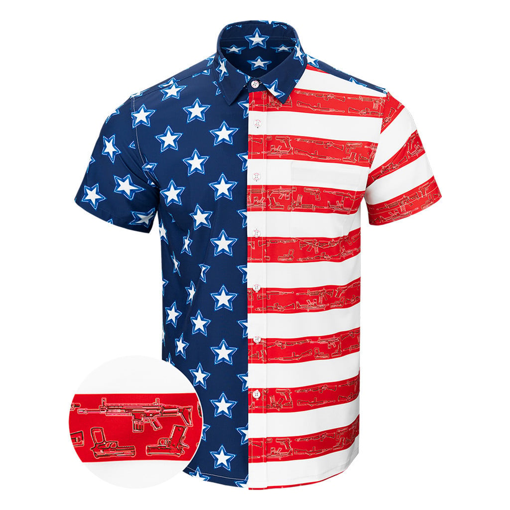 Old Glory Button Down Shirt USA Flag Gun Print Hawaiian Shirt Patriotic Gifts For Dad -WearandDecor