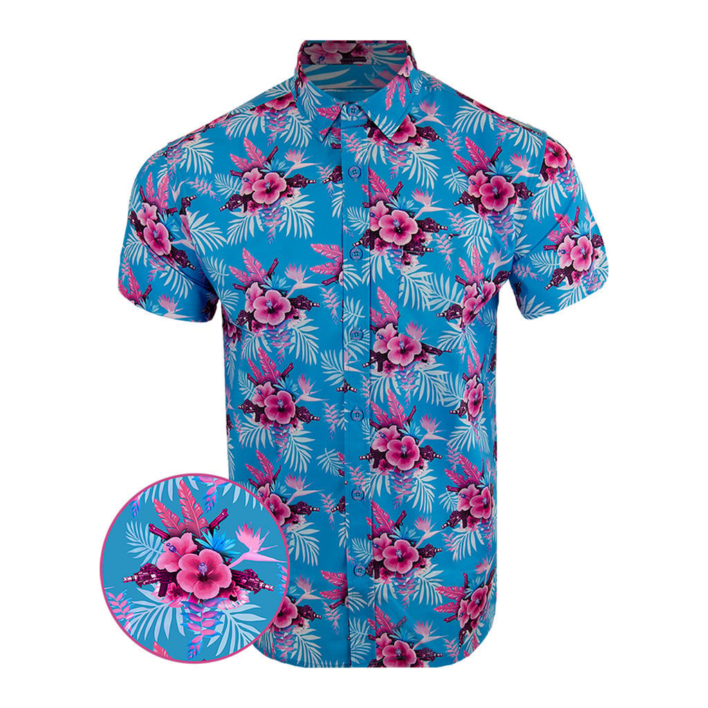 Hibiscus Miami Button Down Shirt Tactical Tropical Print Shirt Christmas Present Ideas For Men -WearandDecor