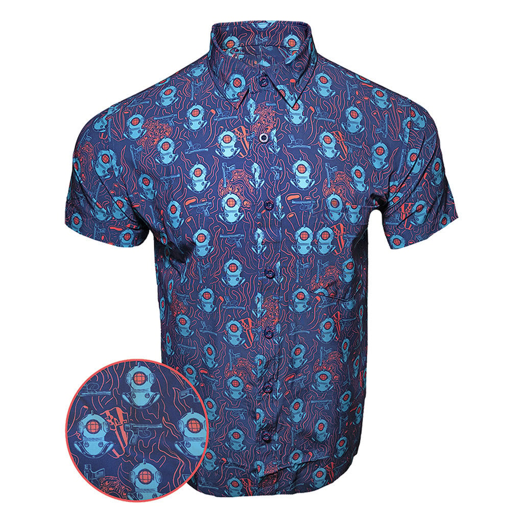 Deep Dive Navy Orange Button Down Shirt Gun Print Hawaiian Shirt Christmas Presents For Men -WearandDecor