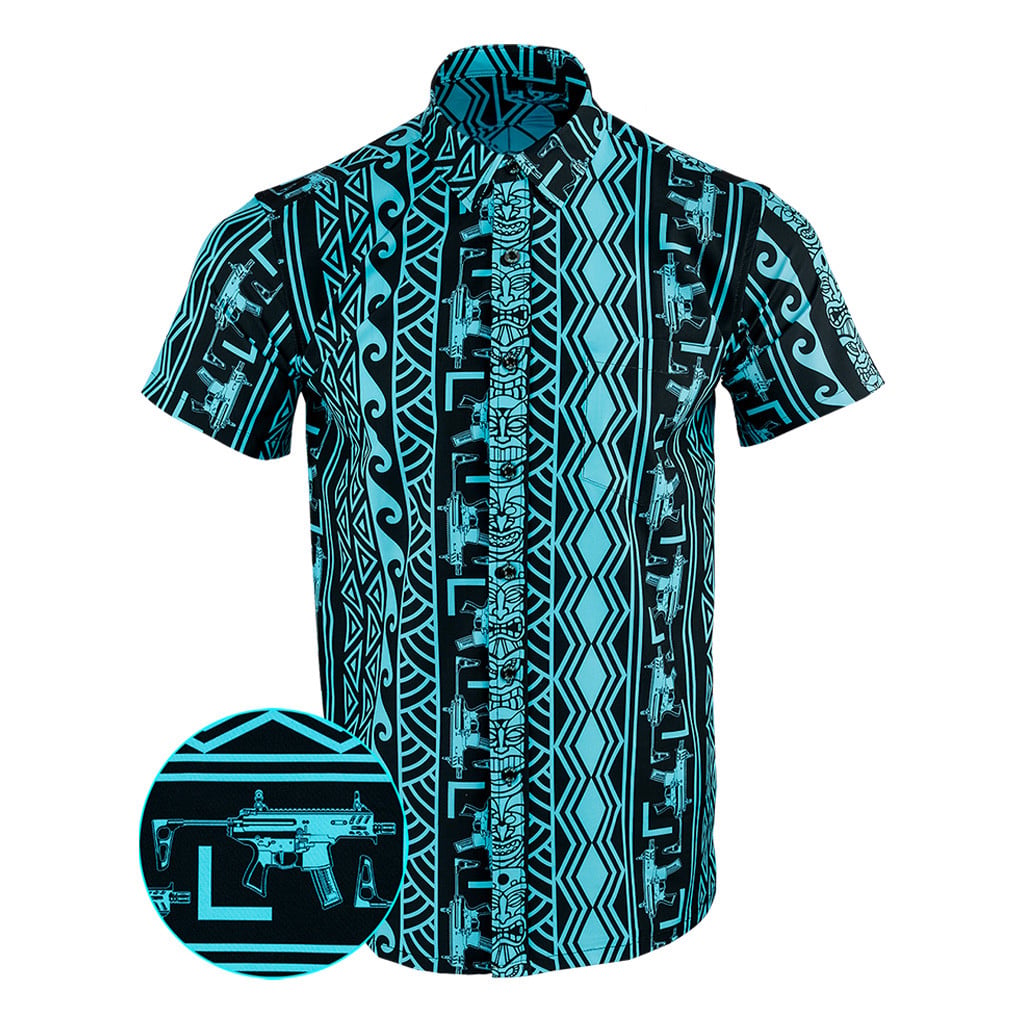 Tiki Black Cyan Button Down Shirt Tactical Hawaiian Shirt Good Gifts For Dad -WearandDecor
