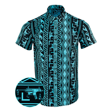 Tiki Black Cyan Button Down Shirt Tactical Hawaiian Shirt Good Gifts For Dad -WearandDecor