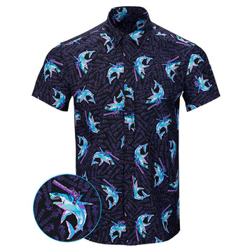 Synth Shark Black Button Down Shirt Tactical Shirt Hawaii Style Birthday Present For Husband -WearandDecor