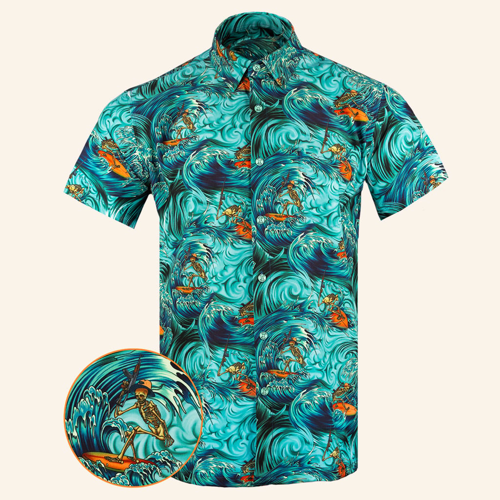Surfs Up Teal Button Down Shirt Tactical Shirt Hawaii Style Birthday Gift For Husband -WearandDecor