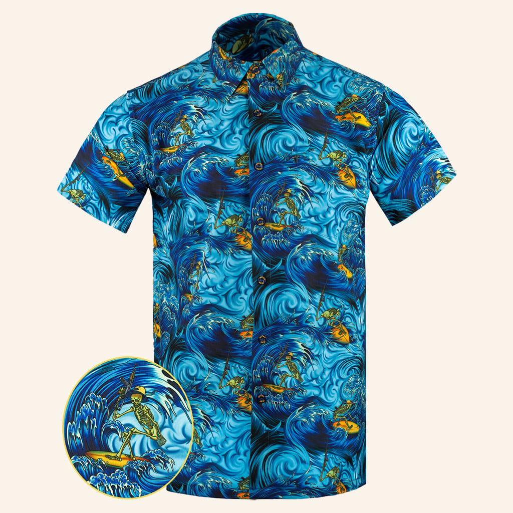 Surfs Up Blue Button Down Shirt Concealed Carry Hawaiian Shirt Gift Ideas For Father -WearandDecor